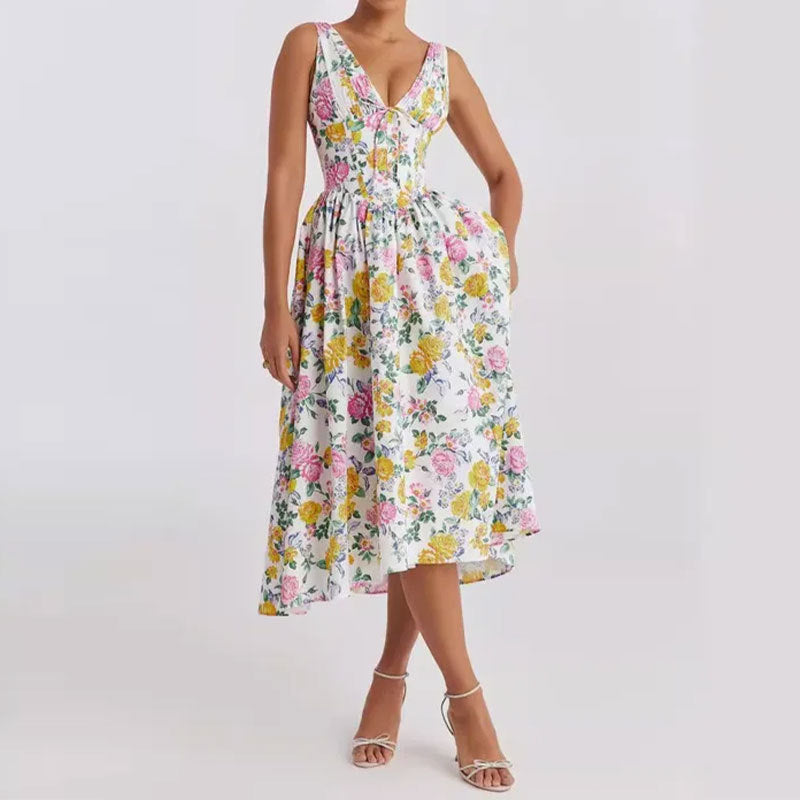 CD | Rochie midi pentru femei - Decolteu în V - A-line - Bretele spaghetti - Model floral - Ușor
