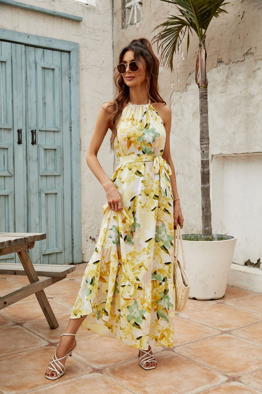 CD | Rochie maxi pentru femei - Amestec ușor de bumbac - Gât halter - Fustă cu cravată - Talie ajustabilă