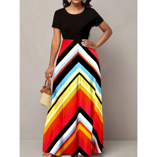 CD | Ladies rochie maxi - A-line fit - fustă chevron - mâneci scurte