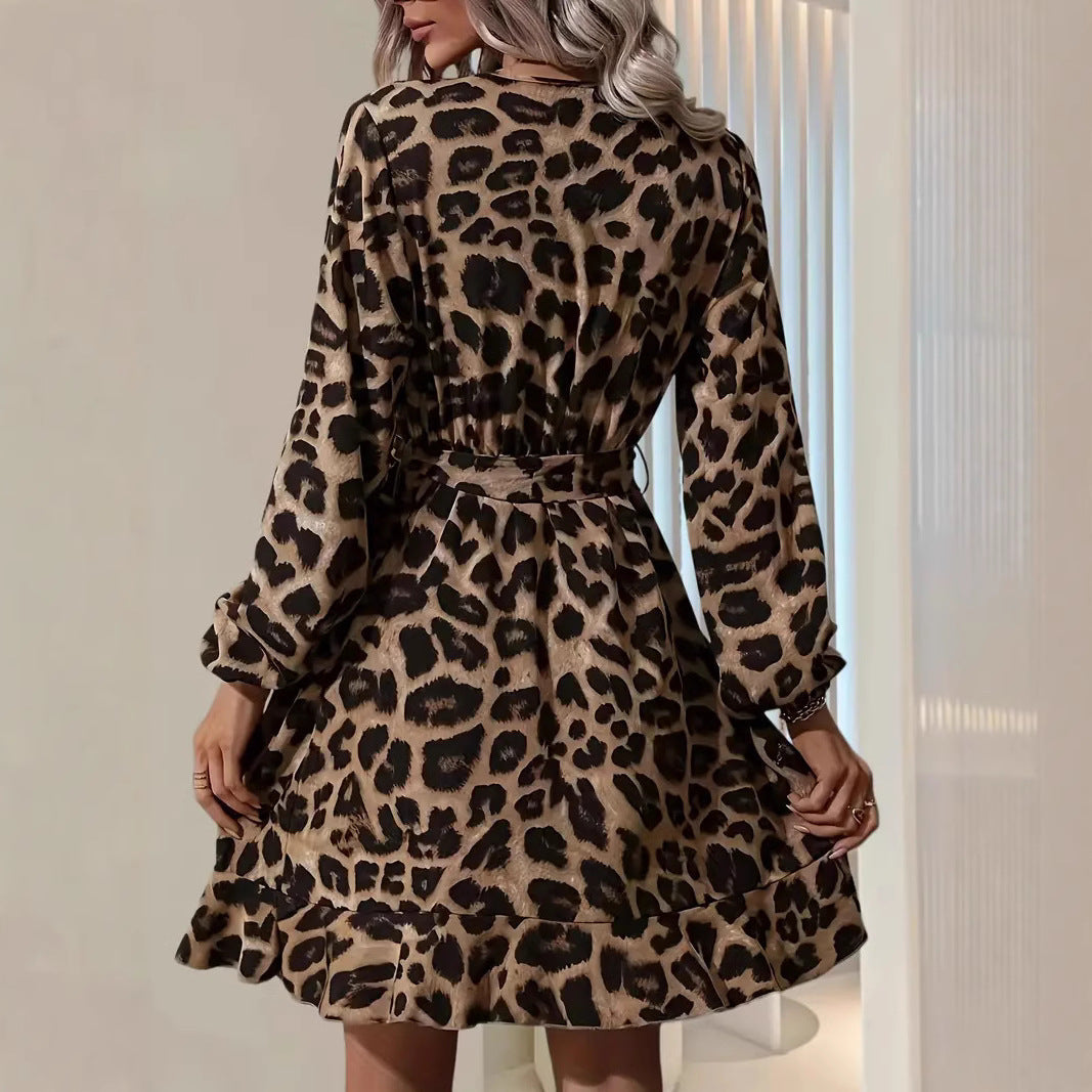 CD | Rochie midi pentru femei - Tailored fit - Decolteu în V - Curea cu cravată - Mâneci balon - Imprimeu leopard