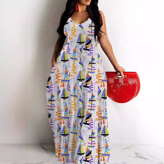 CD | Rochie maxi pentru femei - Croială fluidă - Decolteu adânc în V - Bretele spaghetti - Imprimeu abstract