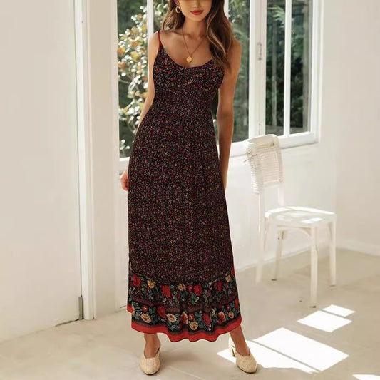 CD | Rochie maxi de damă - imprimeu floral - decolteu în V cu bretele - croială boho fluidă - material ușor