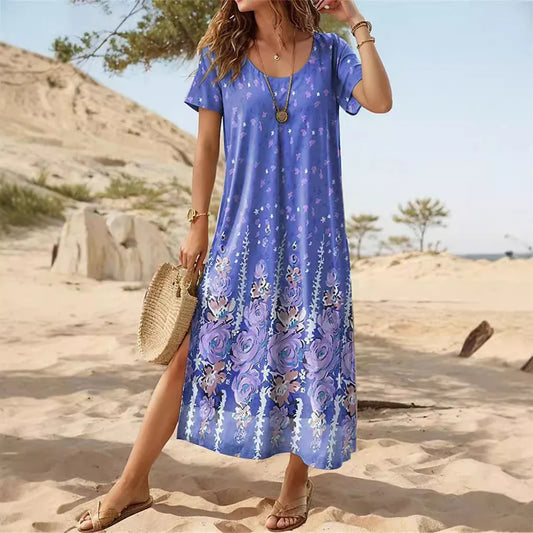 CD | Rochie midi pentru femei - Ținută relaxată - Bumbac - Mâneci scurte - Imprimeu floral - Decolteu rotund