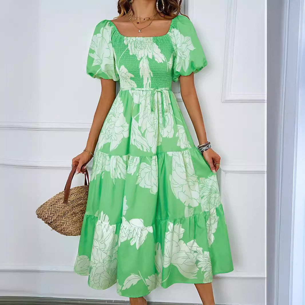 CD | rochie midi pentru femei - mâneci bufante - corset adunat - croială A-line