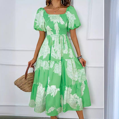 CD | rochie midi pentru femei - mâneci bufante - corset adunat - croială A-line