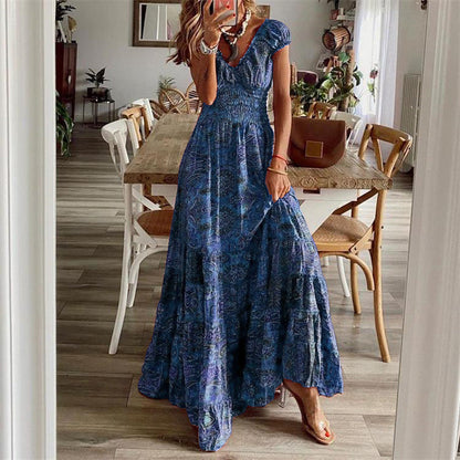 CD | Rochie maxi pentru femei - Decolteu în V - Partea de sus smocked - Fustă cu cravată - Amestec de bumbac - Ținută relaxată