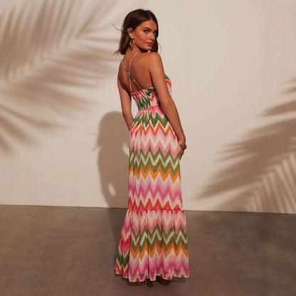 CD | Rochie maxi pentru femei - decolteu - fustă cu cravată - imprimeu zigzag - croială fluidă