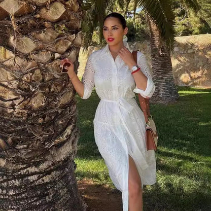 CD | Rochie midi de damă - Broderie Anglaise - Ținută relaxată - Curea în talie - Buton