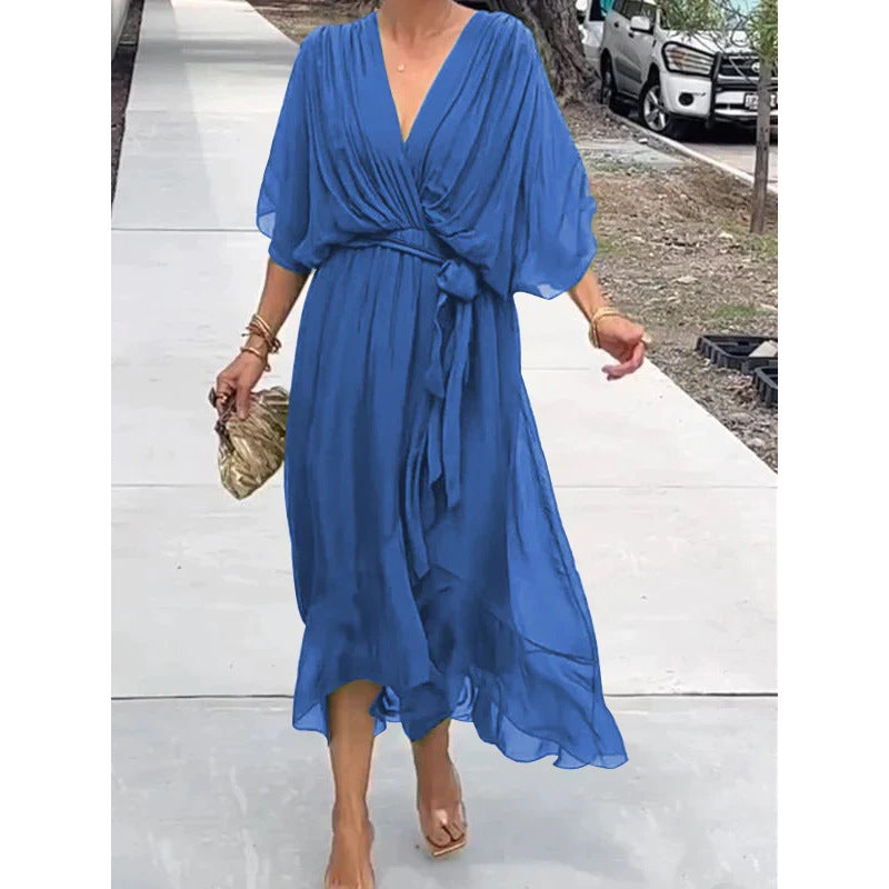 CD | Rochie maxi pentru femei - Ținută relaxată - Mâneci batwing - Curea cu cravată - Tiv asimetric