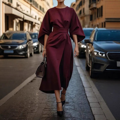 CD | Rochie lungă pentru femei - Satin - Mâneci batwing - Ținută drapată - Centură la talie