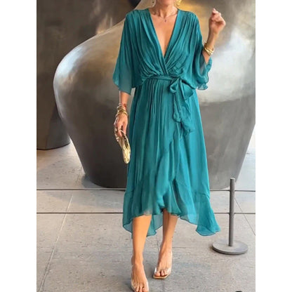 CD | Rochie maxi pentru femei - Ținută relaxată - Mâneci batwing - Curea cu cravată - Tiv asimetric