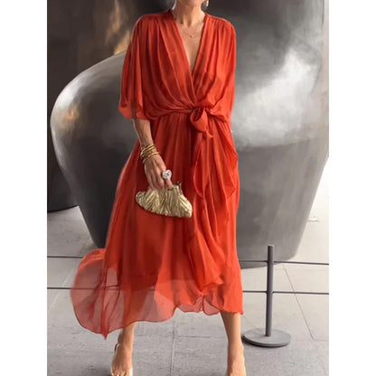 CD | Rochie maxi pentru femei - Ținută relaxată - Mâneci batwing - Curea cu cravată - Tiv asimetric
