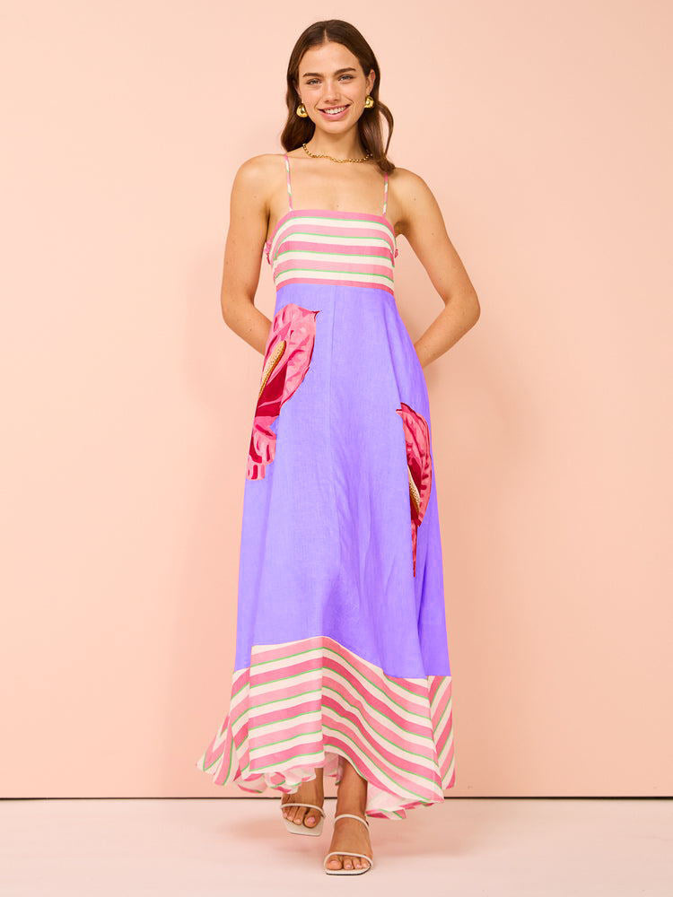 CD | Rochie midi pentru femei - Smocked top - A-line - Spaghetti straps - Amestec de bumbac