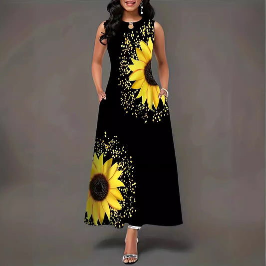 CD | Rochie maxi pentru femei - Model relaxat - Fără mâneci - Imprimeu floarea soarelui - Bumbac