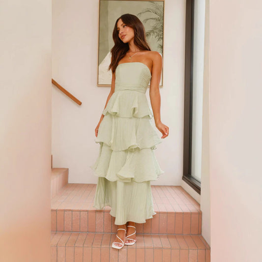 CD | Rochie midi fără bretele pentru femei - Top mulat - Fustă cu volane - Material ușor