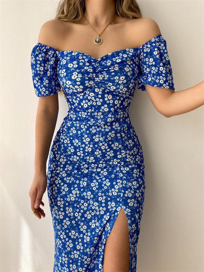 CD | Rochie midi pentru femei - off-the-shoulder - slim fit - ruched top - mâneci bufante - slit