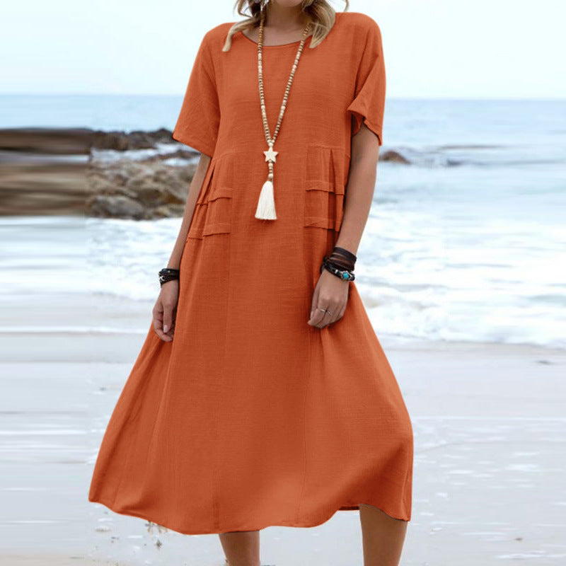 CD | femei bumbac lenjerie rotund gât scurt mâneci solide casual rochie midi
