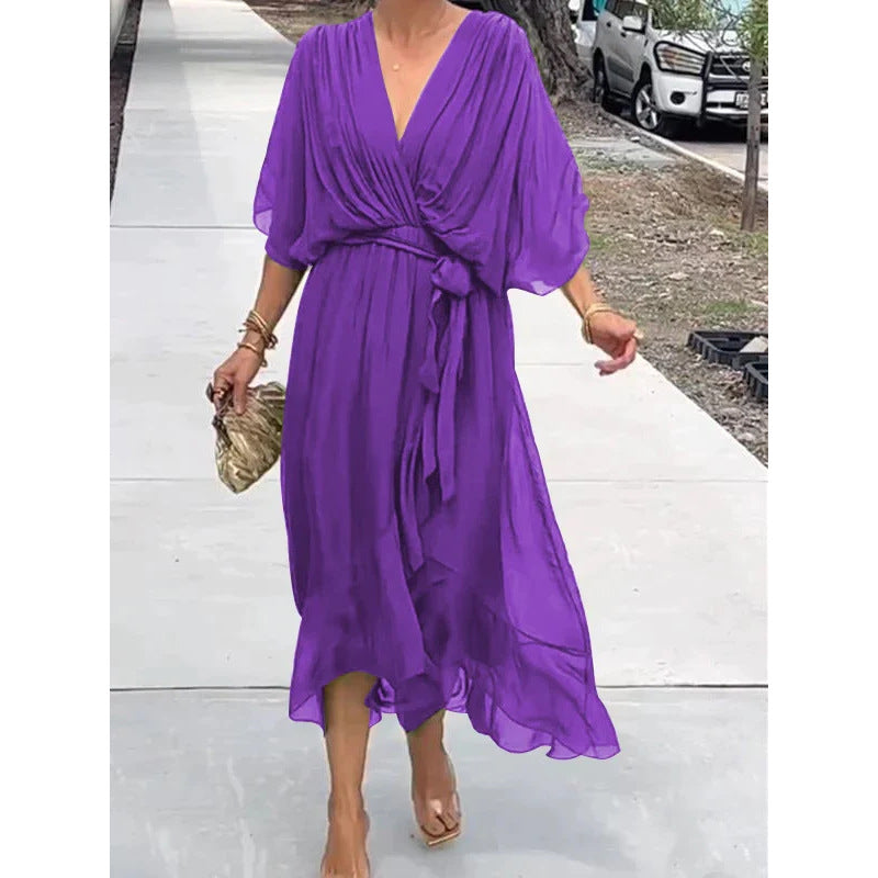 CD | Rochie maxi pentru femei - Ținută relaxată - Mâneci batwing - Curea cu cravată - Tiv asimetric