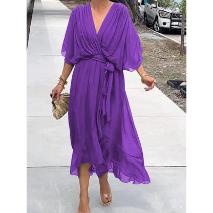 CD | Rochie maxi pentru femei - Ținută relaxată - Mâneci batwing - Curea cu cravată - Tiv asimetric