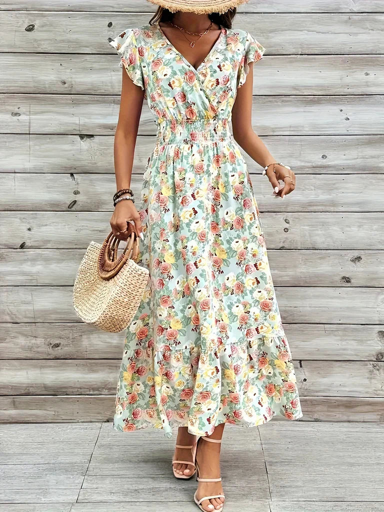 CD | Rochie maxi pentru femei - imprimeu floral - decolteu în V - fustă cu cravată - mâneci flutter - amestec de bumbac