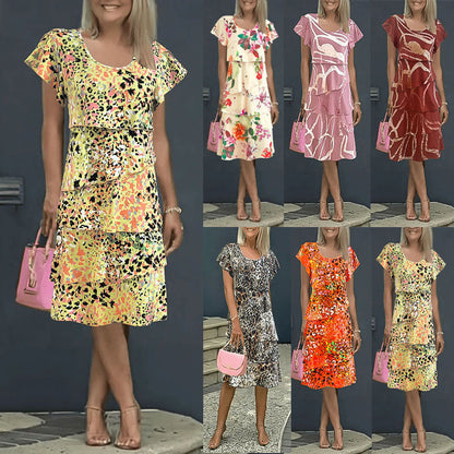 CD | Rochie midi pentru femei - model floral - cu volane - croială lejeră - material ușor