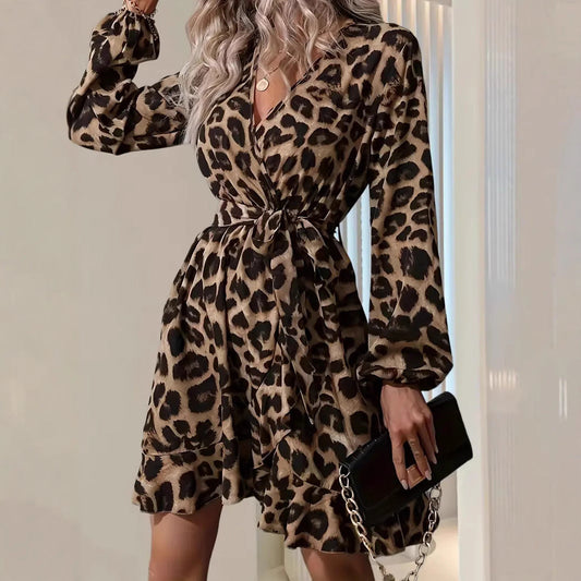 CD | Rochie midi pentru femei - Tailored fit - Decolteu în V - Curea cu cravată - Mâneci balon - Imprimeu leopard