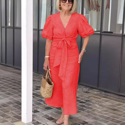 CD | Rochie midi de damă - Fibre naturale - Decolteu în V - Dantelă - Mâneci bufante - Ținută relaxată