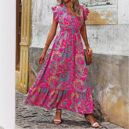 CD | Rochie maxi pentru femei - fără mâneci - decolteu în V - imprimeu floral - tiv cu cravată - croială lejeră