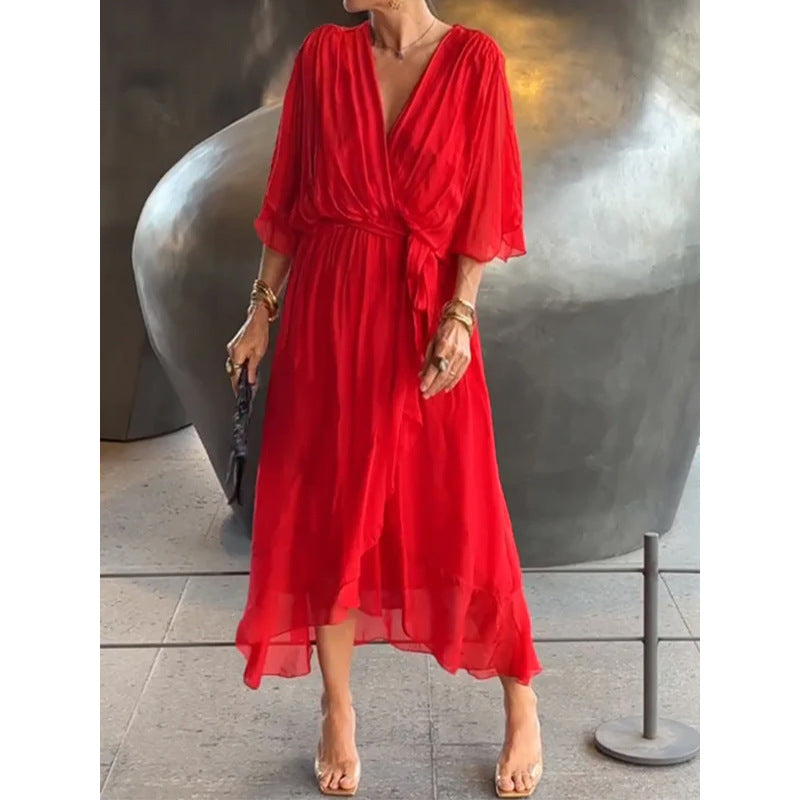 CD | Rochie maxi pentru femei - Ținută relaxată - Mâneci batwing - Curea cu cravată - Tiv asimetric