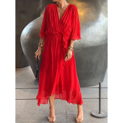 CD | Rochie maxi pentru femei - Ținută relaxată - Mâneci batwing - Curea cu cravată - Tiv asimetric