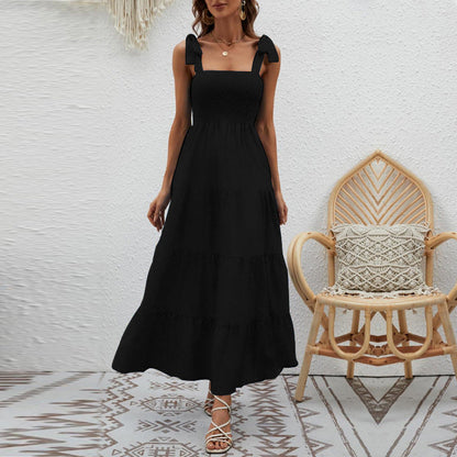 CD | Rochie maxi pentru femei - Partea de sus smocked - Panglici Tie - Fusta Tiered - Bumbac Feel