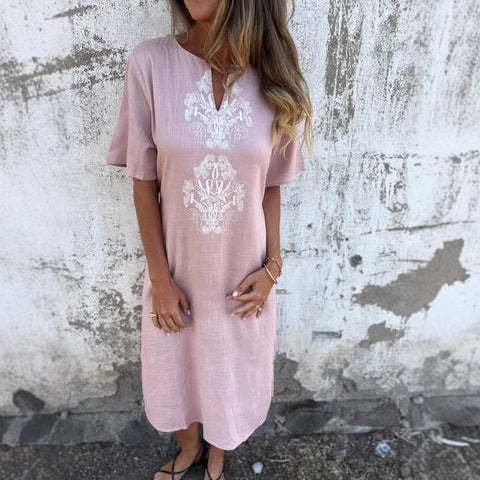 CD | Rochie midi pentru femei - Croială relaxată - Broderie pe față - Fibre naturale - Mâneci scurte