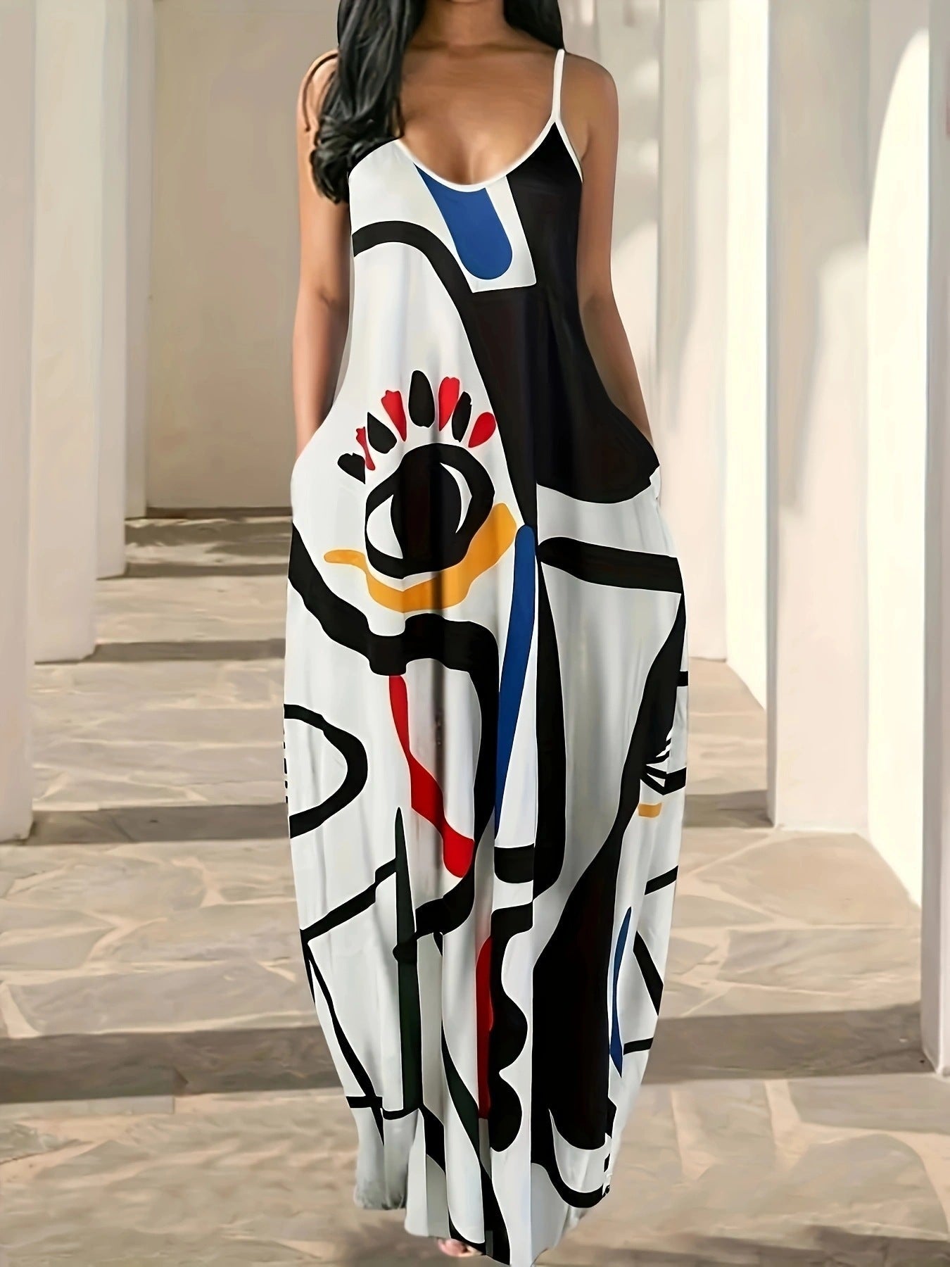 CD | Rochie maxi pentru femei - Imprimeu abstract - Bretele spaghetti - Croială lejeră - Amestec de bumbac