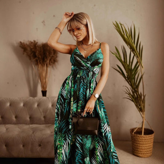 CD | Rochie maxi pentru femei - croială cu decolteu în V - imprimeu floral - bretele reglabile - croială pe măsură