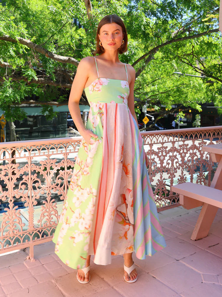 CD | Rochie maxi pentru femei - Bumbac ușor - Croială fluidă - Bretele spaghetti - Imprimeu artistic