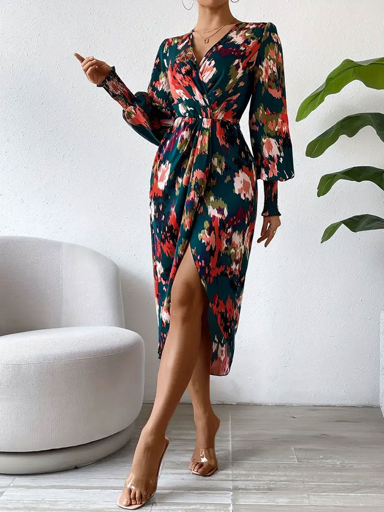 CD | Rochie midi pentru femei - Mâneci lungi în stil wrap - Decolteu în V - Imprimeu floral abstract