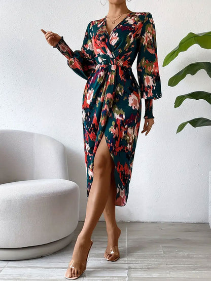 CD | Rochie midi pentru femei - Mâneci lungi în stil wrap - Decolteu în V - Imprimeu floral abstract