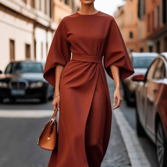 CD | Rochie lungă pentru femei - Satin - Mâneci batwing - Ținută drapată - Centură la talie