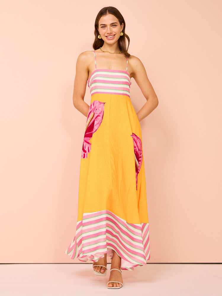 CD | Rochie midi pentru femei - Smocked top - A-line - Spaghetti straps - Amestec de bumbac