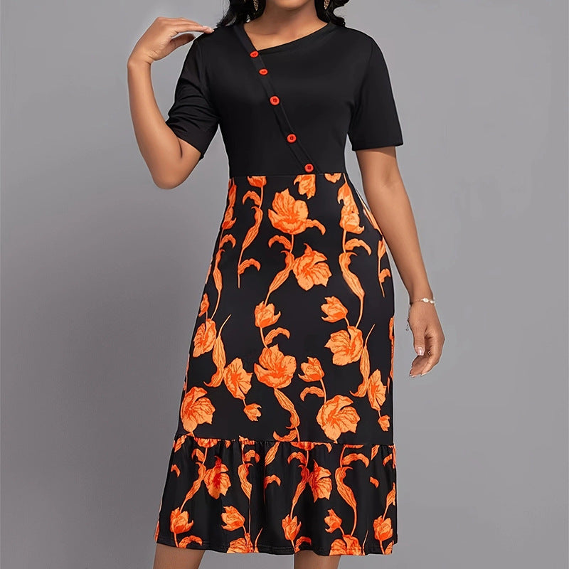 CD | Rochie midi pentru femei - fustă evazată - imprimeu floral - butonieră - mâneci scurte