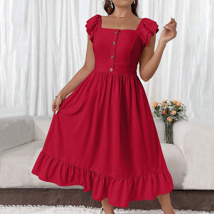 CD | Rochie midi pentru femei - Croială evazată - Mâneci cu volane - Placă cu nasturi - Decolteu pătrat - Bumbac Feel