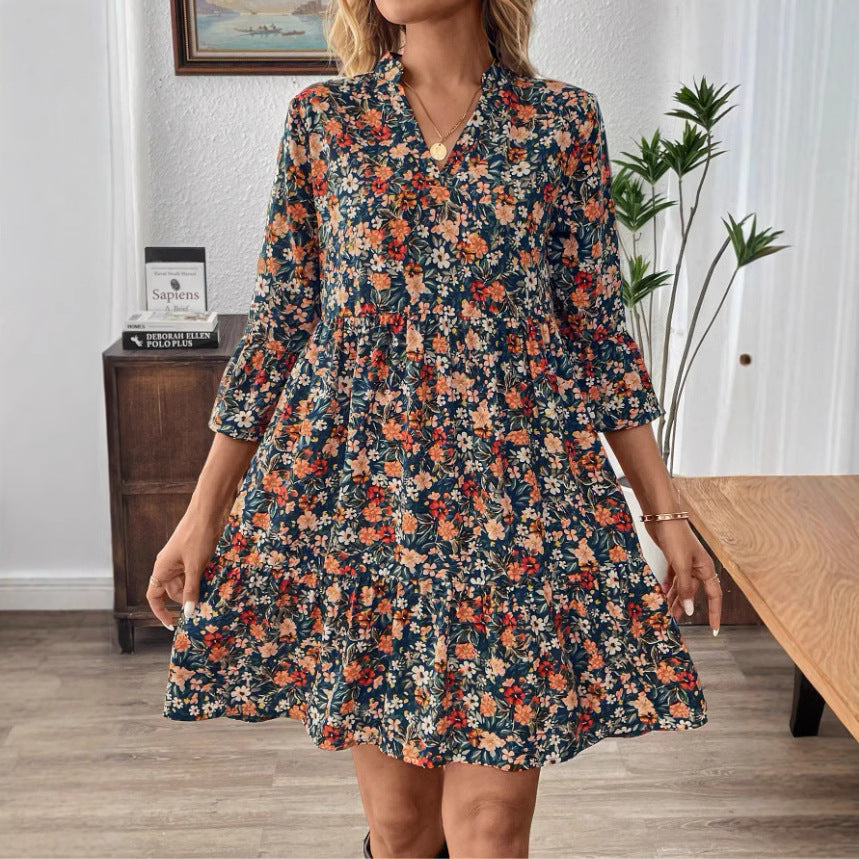 CD | Rochie midi pentru femei - model floral - croială A-line - decolteu în V - mâneci 3/4 evazate - bumbac