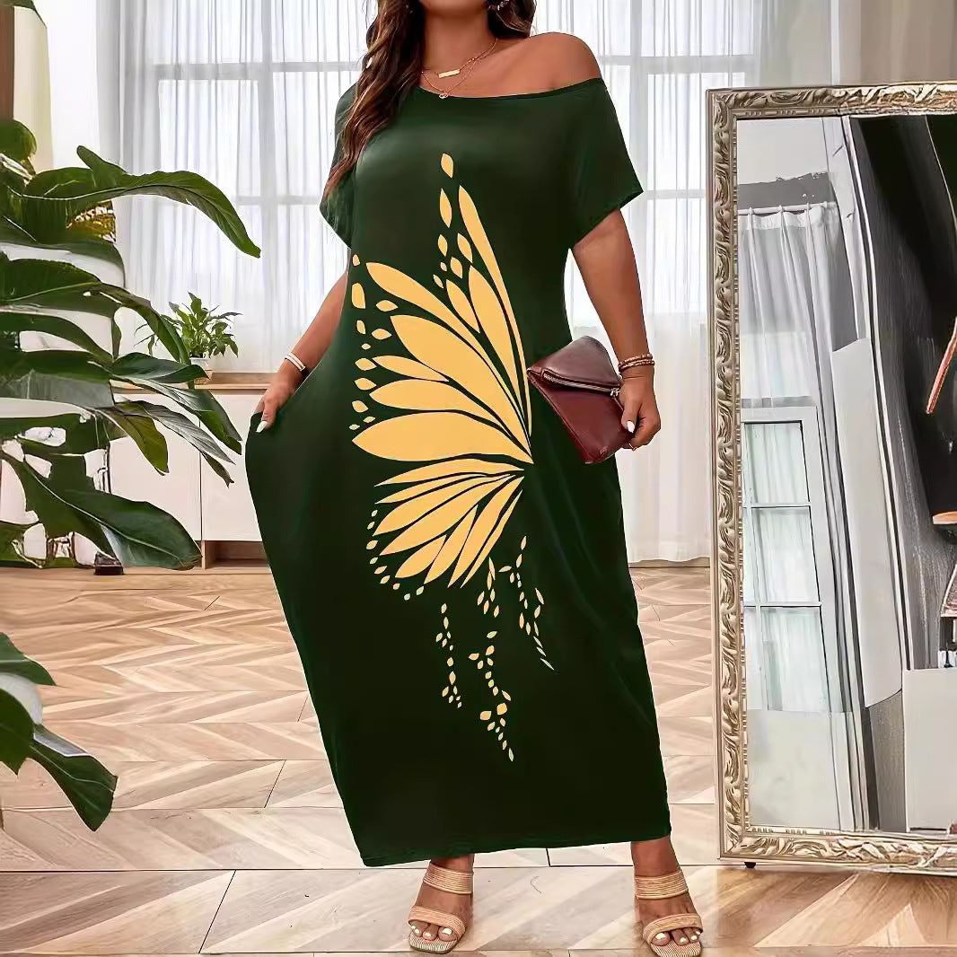 CD | Rochie maxi pentru femei - De pe umăr - Ținută relaxată - Senzație de Jersey - Imprimeu fluture