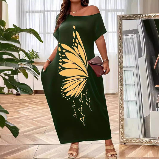 CD | Rochie maxi pentru femei - De pe umăr - Ținută relaxată - Senzație de Jersey - Imprimeu fluture