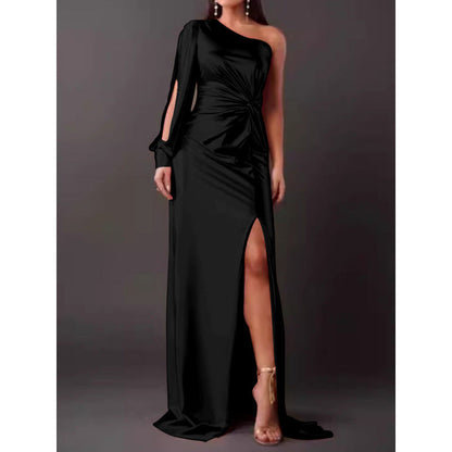 CD | Rochie maxi pentru femei - Satin Finish - Un umăr - Fantă înaltă - Talie încrețită - Slim Fit