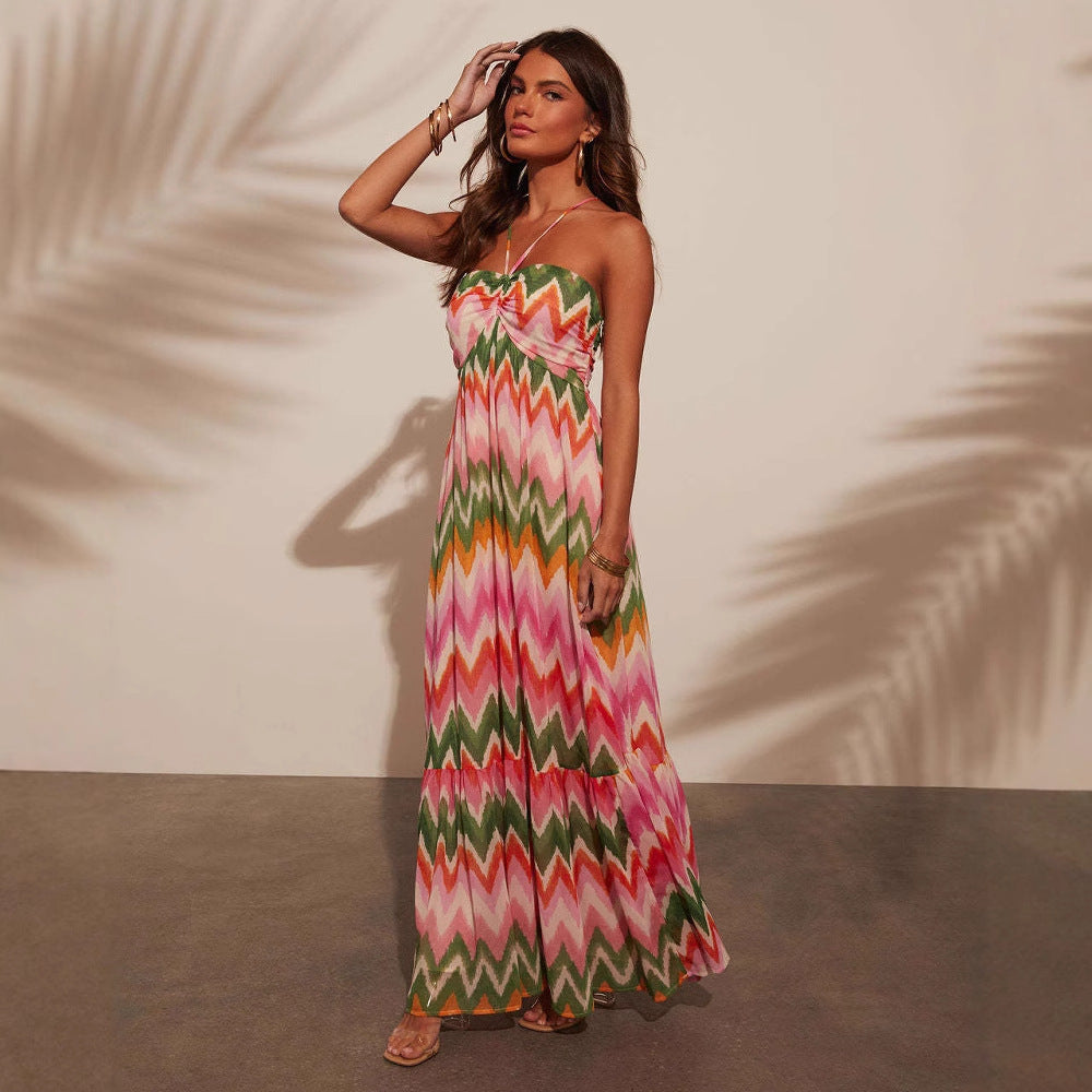CD | Rochie maxi pentru femei - decolteu - fustă cu cravată - imprimeu zigzag - croială fluidă