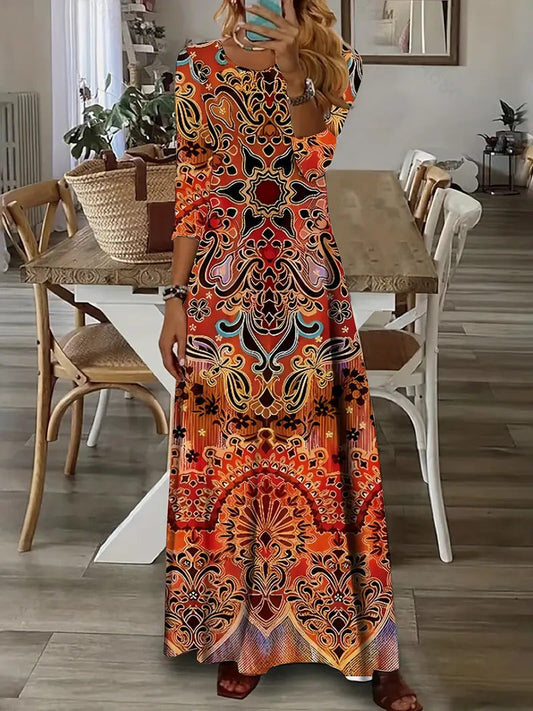 CD | Rochie maxi pentru femei - Decolteu în V - Mâneci lungi - Model decorat - Croială relaxată - Lungime până la gleznă