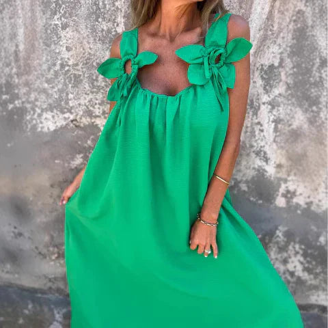 CD | Rochie maxi pentru femei - Ținută relaxată - Siluetă fluidă - Detalii florale pe umeri - Material moale