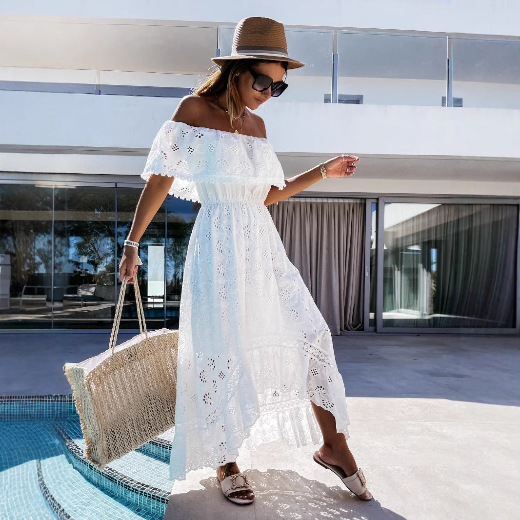 CD | Rochie maxi pentru femei - off-the-shoulder - detaliu dantelă - talie cu dantelă - amestec de bumbac fluid