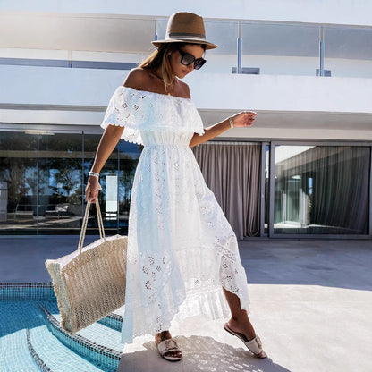 CD | Rochie maxi pentru femei - off-the-shoulder - detaliu dantelă - talie cu dantelă - amestec de bumbac fluid